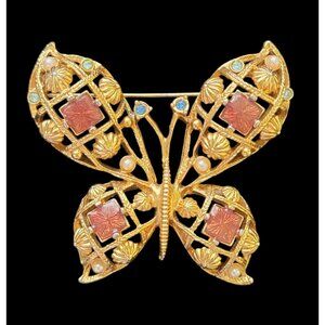Vintage AVON Gold-Tone Filigree Butterfly Brooch Rhinestone & Faux Pearls Signed